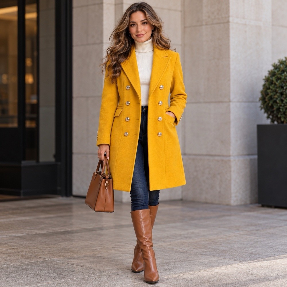 Mustard Yellow Wool Blend Coat M Double Breasted Military Gold Button Tailored